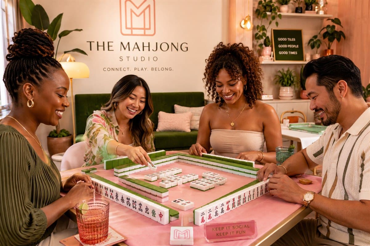 A diverse group of Mahjong Studio guests playing around a table