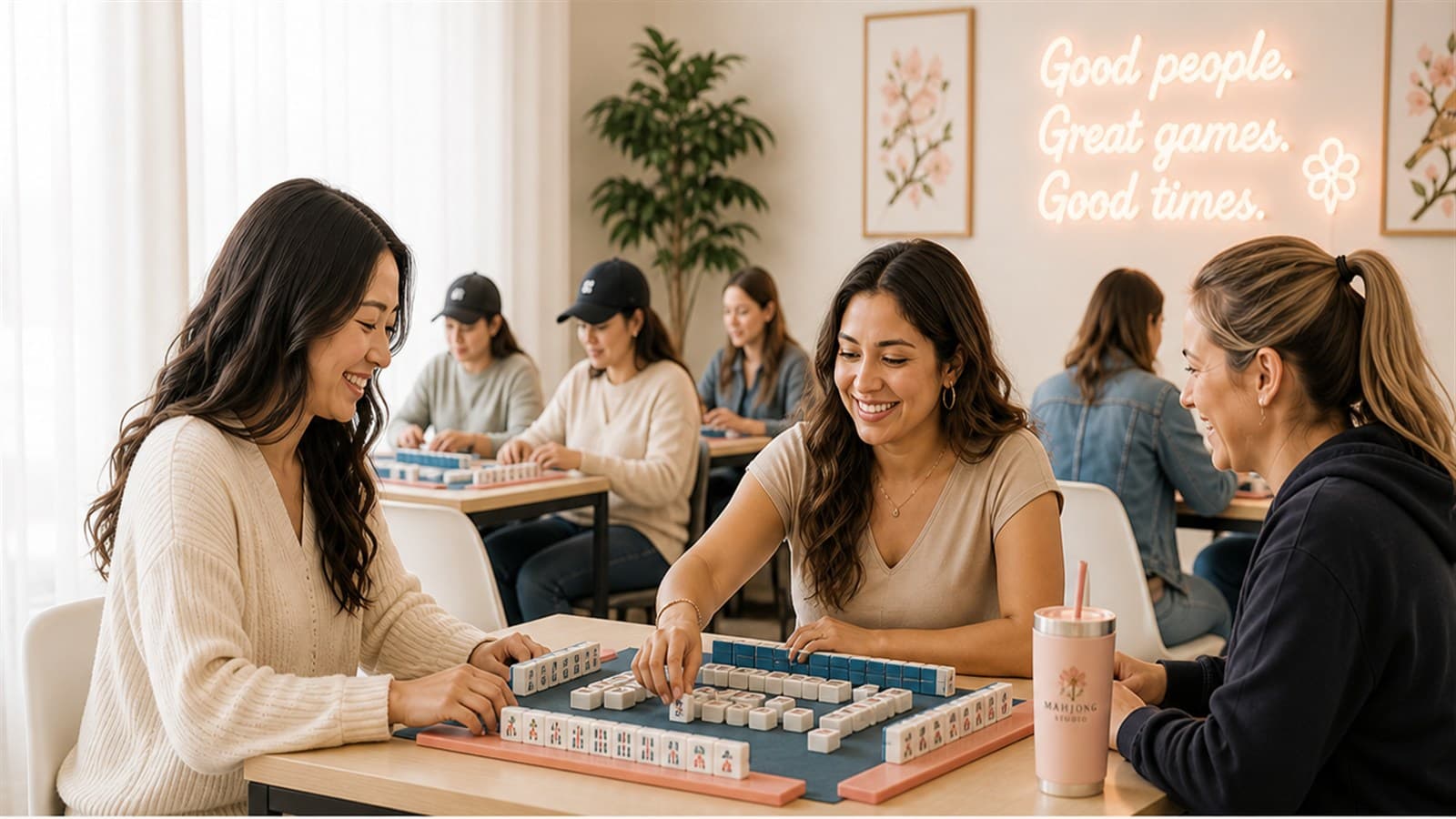 Studio guests playing Mahjong together at a table